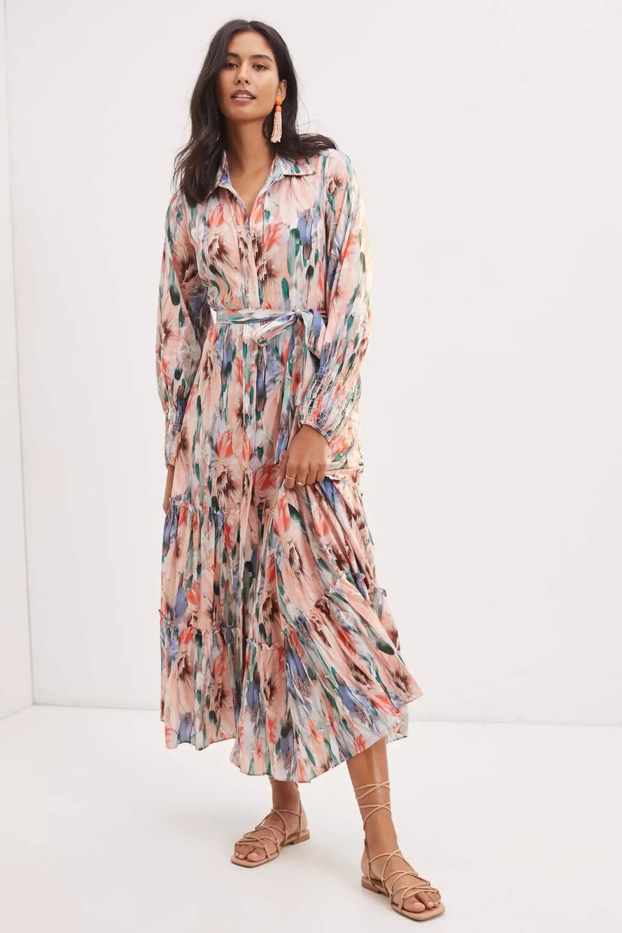 Misa Los Angeles Painterly Modest Button Long Sleeve Elegant Midi Dress NWT XS